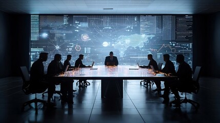 Fototapete - Silhouetted business professionals gathered around a futuristic table displaying 3D data graphs and global digital connections lighting up the room