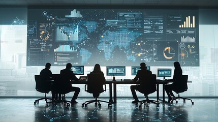 Leinwandbilder - Futuristic strategic planning session with silhouetted figures floating global digital networks advanced analytics tools and aesthetic elements