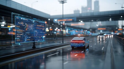 Aufkleber - Autonomous car navigating through a modern smart city environment with real time updates and information displayed on digital signage