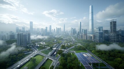 Poster - Futuristic cityscape featuring towering skyscrapers and a highly advanced infrastructure powered by smart grids and energy storage systems