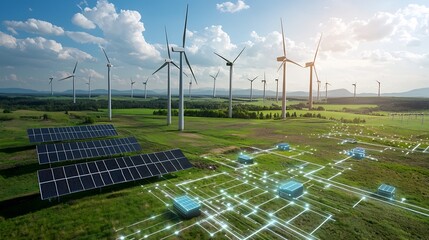 Leinwandbilder - Innovative battery technology supporting a smart and sustainable energy grid harnessing renewable power from wind turbines and solar panels to generate clean efficient electricity for the future