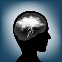 silhouette of a human head with a thundercloud and lightning inside. concept stress and depression. 