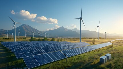 Fototapete - Sustainable energy infrastructure utilizing renewable sources like solar and wind power with advanced storage solutions to support urban sustainability and a greener more efficient future for cities