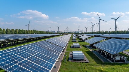 Poster - Sustainable renewable energy infrastructure in a modern smart city combining solar power wind turbines and energy storage systems to provide clean efficient