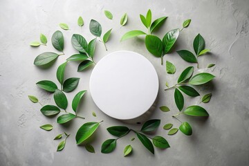 Canvas Print - Minimalist Round Podium Surrounded by Green Leaves on a Light Grey Background for Eco-Friendly Cosmetic Product Presentation Mockup