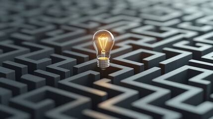 Fototapete - Generative concept with a glowing light bulb at the heart of a labyrinth on a Black and gold background representing innovation and creative thinking