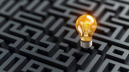 Fototapete - Creative light bulb inside a maze on a black and gold background symbolizing the process of idea finding innovative solutions to challenges