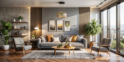 Wall Mural - Modern Interior with Mock Up Poster Frame: Panoramic Photography of Chic Living Room Featuring Stylish Decor, Natural Light, and Minimalist Aesthetic for Inspirational Home Design Ideas