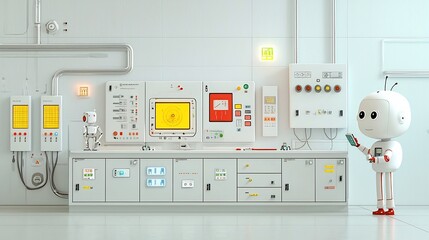 Poster - Cartoon character operating a futuristic smart grid energy storage system with a quirky robot assistant featuring glowing holographic control panels and compact modular energy cells