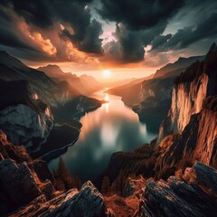 Wall Mural - A dramatic cliffside overlooking a calm, serene lake at sunset