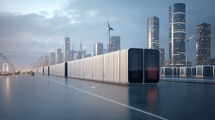 Poster - Sleek futuristic cityscape featuring cutting edge renewable energy storage hubs seamlessly integrated into the urban design creating a sustainable and innovative metropolitan landscape