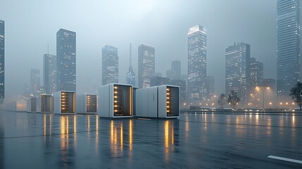 Poster - Sleek modernist cityscape illuminated by the strategic placement of energy storage hubs seamlessly blending renewable energy with cutting edge storage technologies to power a sustainable
