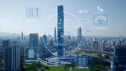 Poster - Towering high tech metropolis powered by a dynamic smart grid and an array of cutting edge energy storage solutions creating a vision of a sustainable efficient urban landscape