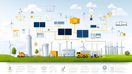 Leinwandbilder - Detailed smart energy grid showcasing the interconnection of solar wind hydro and nuclear power plants for efficient and sustainable electricity management and distribution