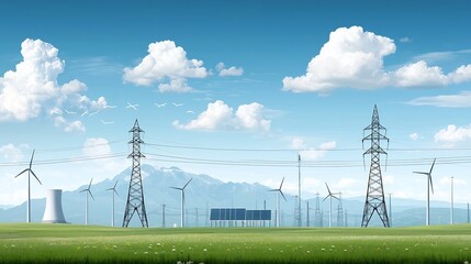 Leinwandbilder - Detailed smart energy grid showing the interconnection of solar wind hydro and nuclear power plants with advanced management and automation technologies for efficient