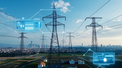 Fototapete - Centralized Control of Integrated Renewable and Non renewable Energy Grid Network Powering Homes Cities and Industries in a Smart Grid System