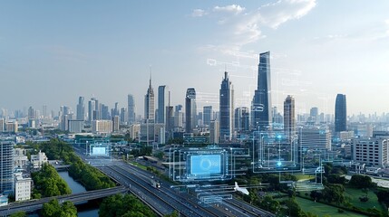 Aufkleber - Aerial view of a futuristic high tech city skyline with advanced smart grid storage solutions and a digital network overlay showcasing the flow of data and information