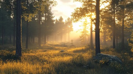 Wall Mural - golden sunlight streams through a misty forest, illuminating tall pines and a grassy clearing.
