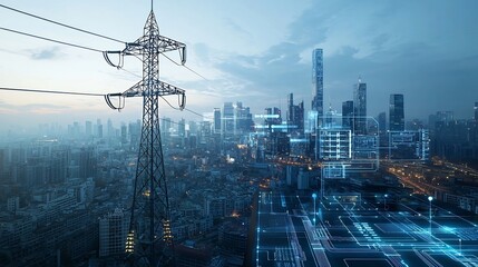 Aufkleber - Futuristic cityscape featuring a seamless smart grid power network with energy storage built into the modern intelligent architecture