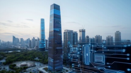 Aufkleber - Futuristic urban skyline with smart grid technology and energy storage solutions embedded into modern digital skyscrapers showcasing a vision of sustainable