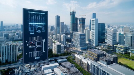 Poster - Futuristic smart city skyline with advanced architecture integrated renewable energy grid and digital circuit technology solutions for sustainable and efficient urban infrastructure of the future