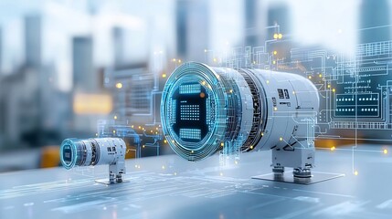 Poster - Advanced urban skyline featuring futuristic architecture with integrated smart grid energy storage solutions and digital circuits