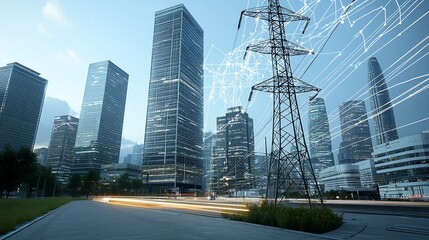 Leinwandbilder - Futuristic urban landscape featuring energy efficient skyscrapers smart grid power network and digital data overlay highlighting advanced connectivity and technological within a modern
