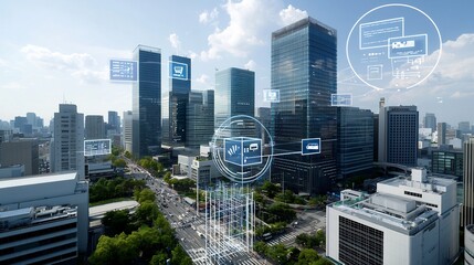 Aufkleber - Futuristic urban scene showcasing energy efficient skyscrapers smart power grid network and digital data overlay highlighting the connectivity and technological advancements in a modern