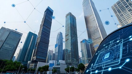 Poster - Futuristic city skyline with skyscrapers powered by smart grid technology and advanced energy storage systems showcasing a vision of sustainable and efficient urban infrastructure for the future