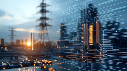 Aufkleber - Stunning visualization of an ultra modern futuristic city powered by a smart grid and advanced storage solutions network  The digital landscape showcases a connected efficient