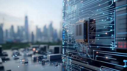 Aufkleber - Futuristic cityscape with an ultra modern skyline powered by a smart grid and advanced storage solutions network visualization in the digital foreground with circuit lines and a high tech