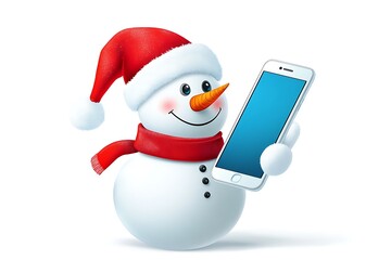 Snowman wearing santa hat showing smartphone with blank screen