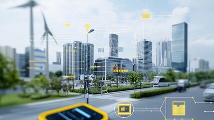 Poster - Aerial view of an energy efficient futuristic city with smart grid technology storage systems in buildings and widespread data connectivity for a sustainable future