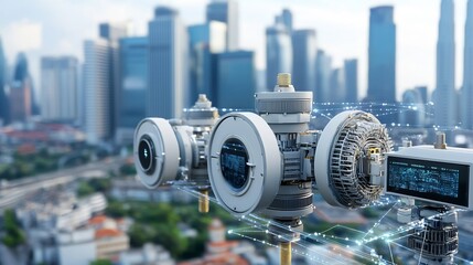 Aufkleber - Futuristic cityscape showcasing a smart grid infrastructure with integrated energy storage solutions and a digital network overlay system