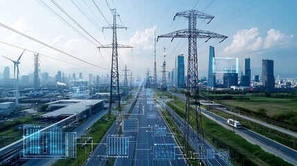 Poster - Futuristic skyline with high tech infrastructure smart grid and energy storage technology built into the urban architecture showcasing a vision of sustainable and intelligent city development