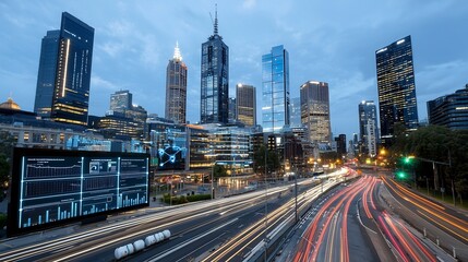 Poster - Futuristic cityscape with advanced smart grid technology integrated energy storage infrastructure and real time data visualization displayed across the modern high rise buildings and urban landscape