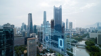 Poster - Futuristic urban skyline with a smart grid power system and digital circuitry in the foreground showcasing the of technology energy and sustainable infrastructure in the city of the future