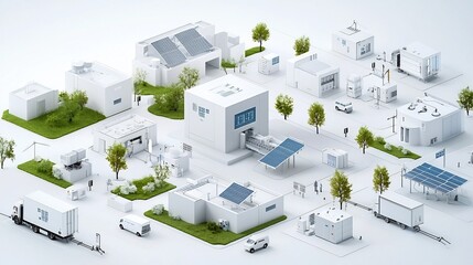 Poster - of an integrated smart grid system with a centralized control hub that manages and distributes renewable energy sources such as solar wind and hydro to various consumer sectors including industrial