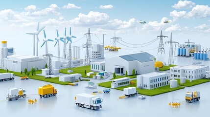 Fototapete - Centralized Power Grid Showing the of Renewable Energy Sources such as Solar Wind and Hydroelectric to Power Homes Offices and Industrial Facilities in a Modern Efficient and Sustainable Manner