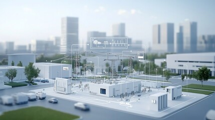 Leinwandbilder - Visualization of a modern power grid with a central control hub integrating renewable energy sources like solar and wind turbines