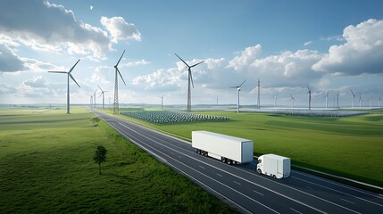 Fototapete - A centralized power grid seamlessly integrating diverse renewable energy sources such as solar wind and hydroelectric power and efficiently distributing electricity to a wide range of commercial
