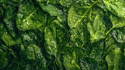 Background from fresh green spinach leaves with water drops. Texture of raw organic baby spinach close up. Food background