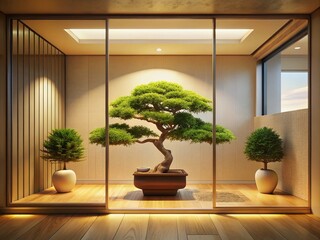 Wall Mural - Serene Minimalist Interior Featuring a Bonsai Tree, Warm Light, and a Sliding Glass Door for Tranquil Living Spaces