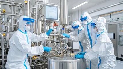 Aufkleber - A team of industrial workers in protective suits and masks working together to perform maintenance and inspection on chemical processing equipment at an industrial plant or facility
