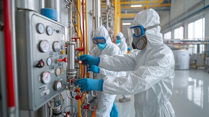 Aufkleber - A team of industrial workers in protective suits and masks performing maintenance and inspection on chemical processing equipment at a factory or industrial facility