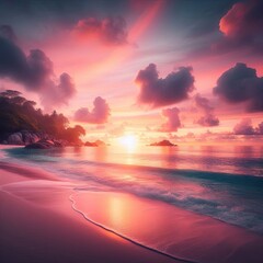 Wall Mural - A tranquil beach at sunrise with soft pink and orange skies