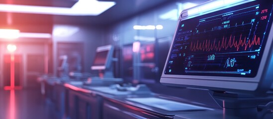 Close-up of a computer monitor with a graph displaying in a modern futuristic lab.