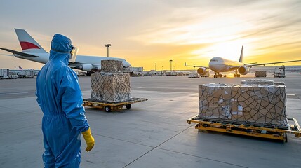 Poster - Efficient cargo loading and transportation at a bustling airport with a worker in protective gear managing the loading process an airplane visible in the background under golden hour lighting