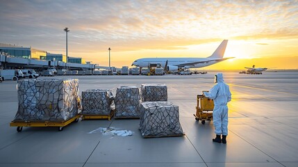 Poster - Cargo handling at an airport with a worker in protective gear managing the loading process of an airplane in the background during golden hour lighting  Logistics transportation