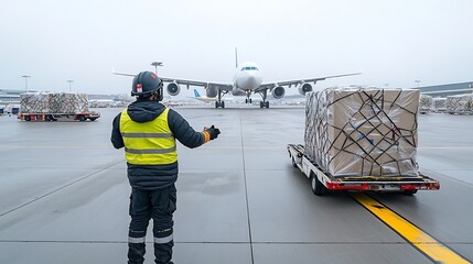 Poster - Airport Ground Crew Member Wearing Safety Helmet and Gloves Overseeing Packages and Cargo on the Tarmac as an Airplane Prepares for Takeoff at the Airport
